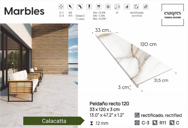 Ступень длинная  Exagres Marbles Calacatta, 120 см