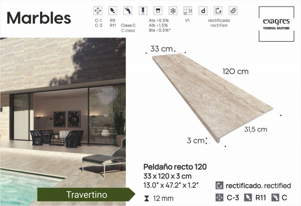 Ступень длинная  Exagres Marbles Travertino, 120 см